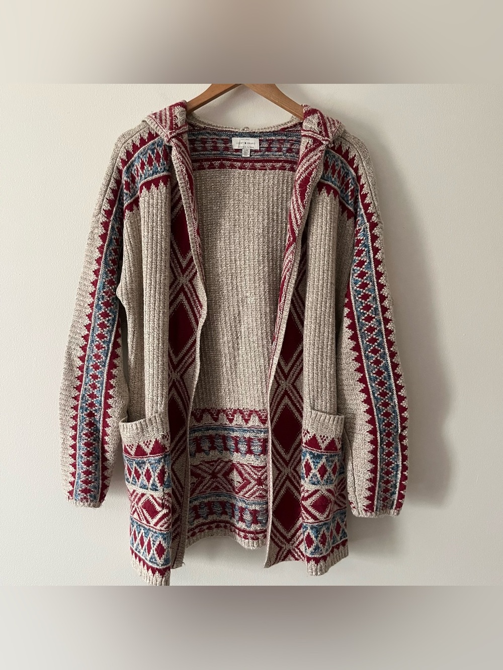 Lucky Brand Beige Burgundy Long Line Hooded Open Front Boho Cardigan Sweater L